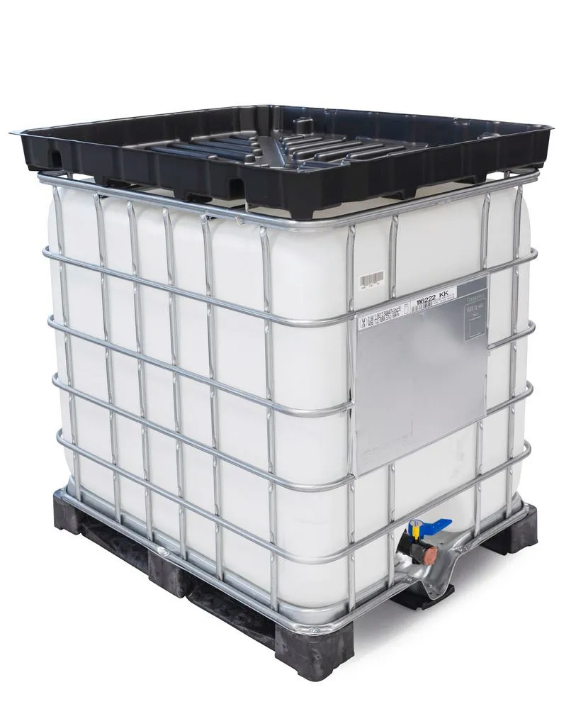 Constructed of chemical resistant polyethylene (PE), the Full Size model sits atop a standard IBC tote, covering the entire surface of 275- to 330-gallon IBCs.