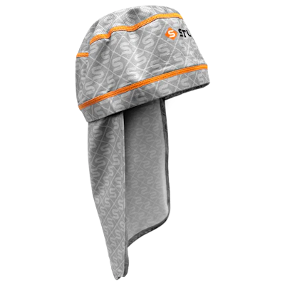 The machine-washable helmet liner with attached nape cover and cooling towel feature chemical-free cooling technology with UPF-50 sun protection.
