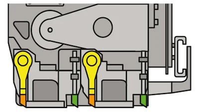 Diagram of a tamper bar (yellow) screed with a single pressure bar (green) at the rear.