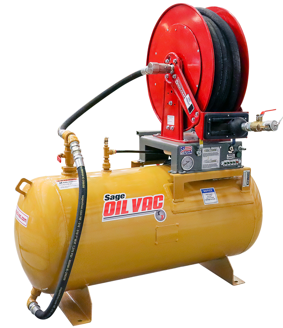VacBuilt systems are for both mobile and shop applications. In the shop, these used oil tanks eliminate the need for centralized lube systems.