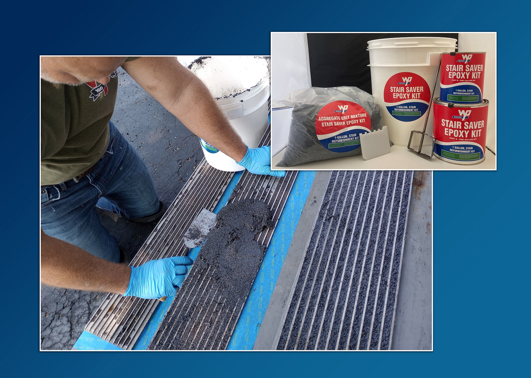 The Stair Saver Epoxy Kit is for interior or exterior usage on various brands of nosing or tread and can be applied in less than two hours.