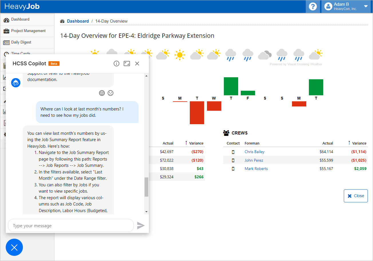 HCSS Copilot provides real-time interactive support, enabling HeavyJob customers to gain insight and draw on personalized data.
