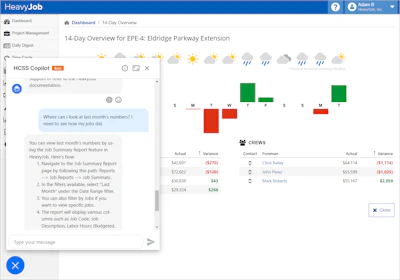 HCSS Copilot provides real-time interactive support, enabling HeavyJob customers to gain insight and draw on personalized data.