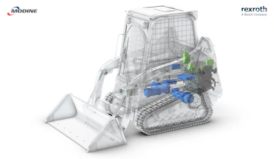 The illustration of highlighted components represents Modine Evantage (green), which is a liquidcooled thermal management system inside Bosch Rexroth’s eLION portfolio (blue).