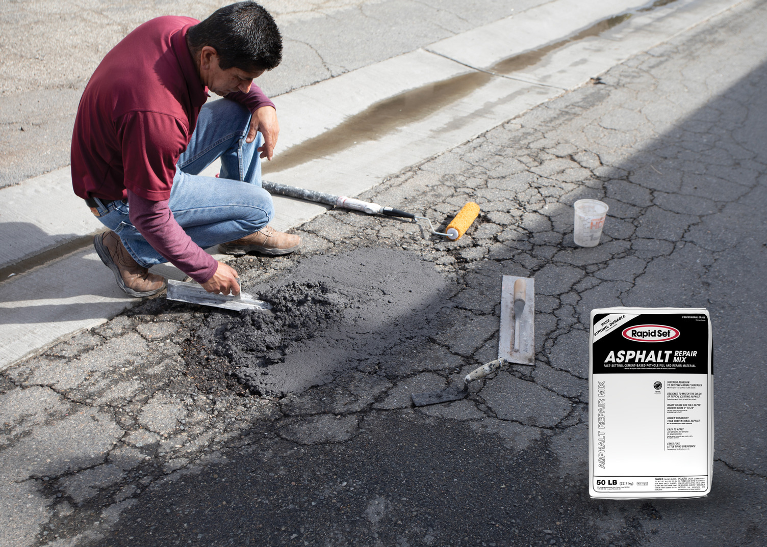 Rapid Set Asphalt Repair Mix is a fast-setting, cementitious repair material with a coarse aggregate blend designed for moderate to deep asphalt repairs.