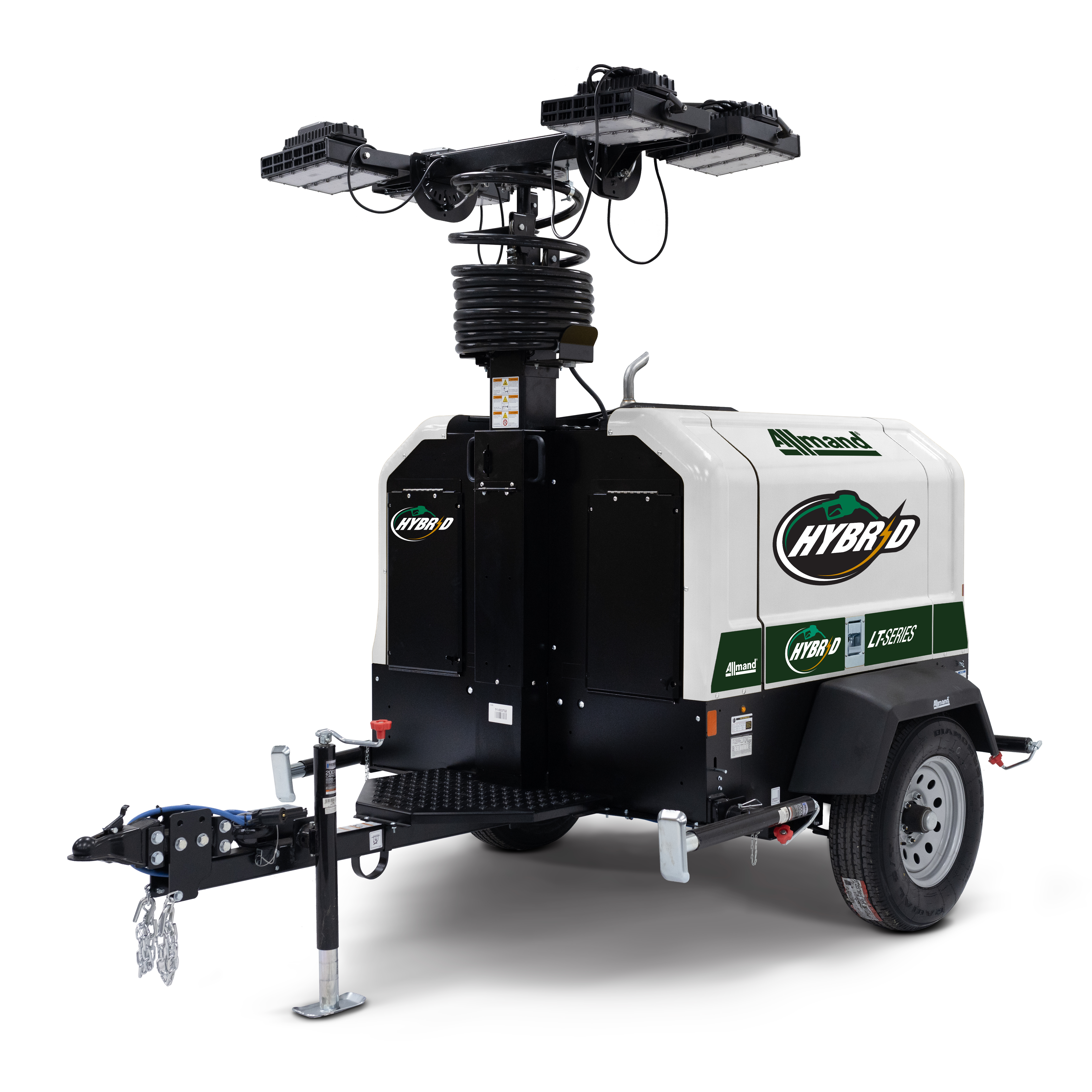 The light tower is equipped with a Vanguard lithium-ion battery, allowing for all-night operation without noise pollution.