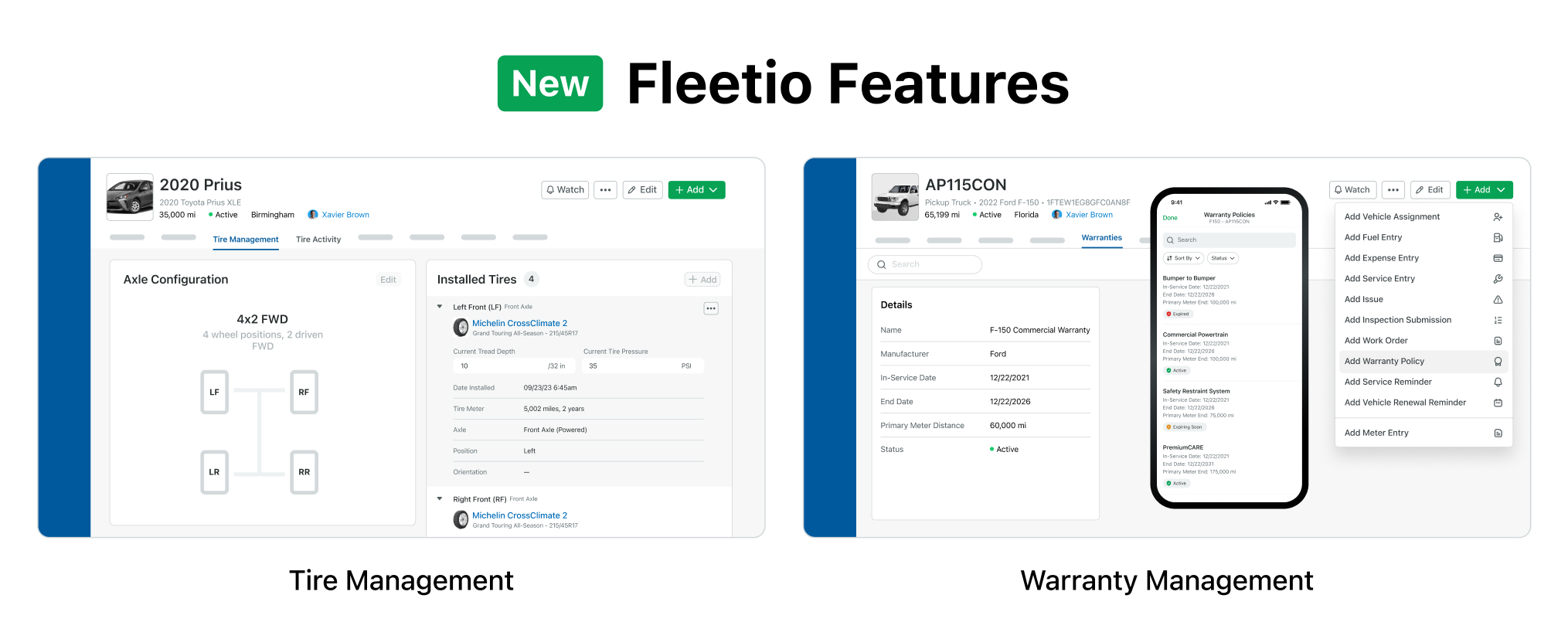 The new features include Tire Management, Warranty Management, Sensor Data Snapshots and Enhanced Service Tasks.