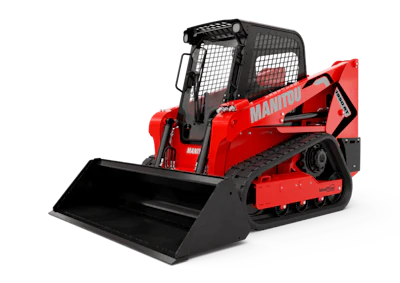 The machine includes the IdealTrax track auto-tensioning system, a swing-out cooler that keeps the engine compartment clean and engine temperatures down, and the Manitou EasyMANAGER fleet management platform (telematics).