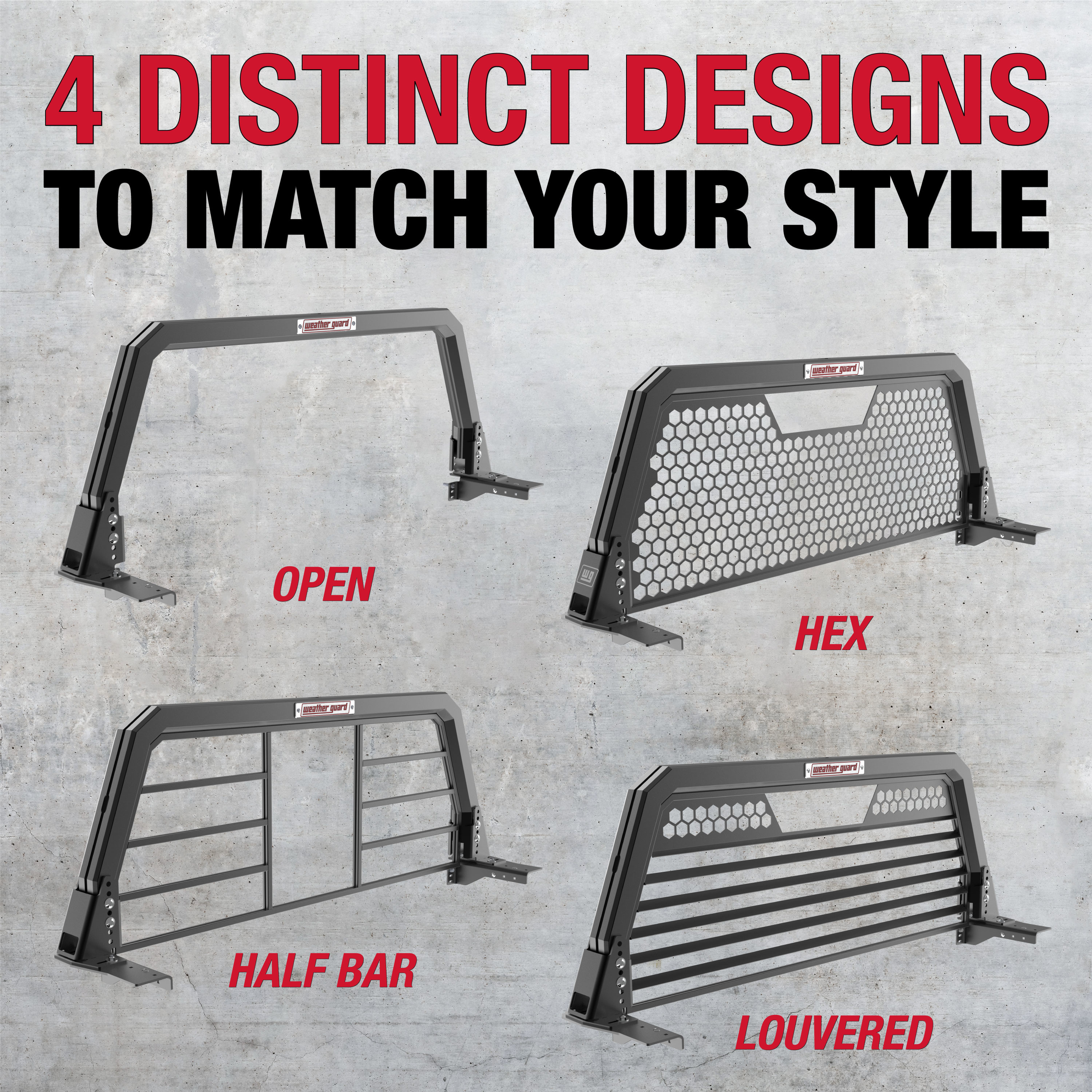 The new headache racks are available in four styles, including a Half Bar, Hex, Louvered and Open Frame.