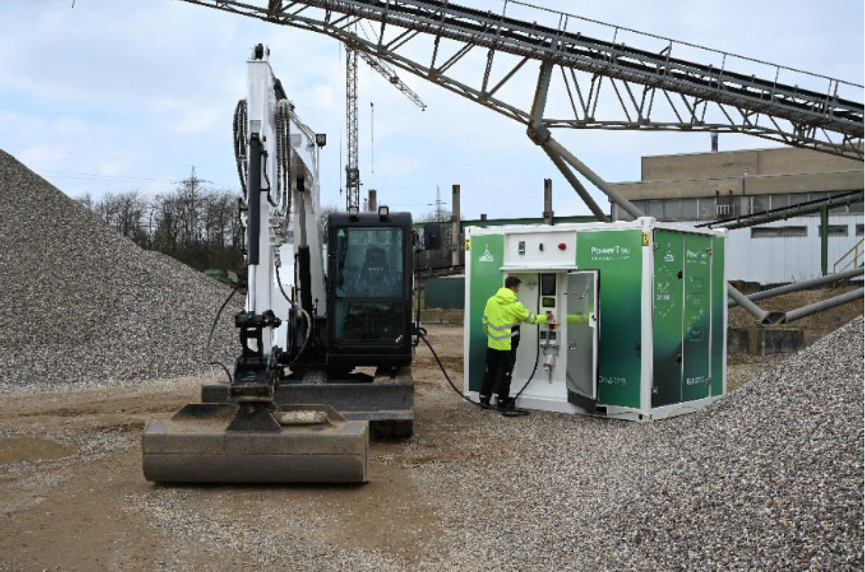 The electric-powered excavator can be charged rapidly using the PowerTree.
