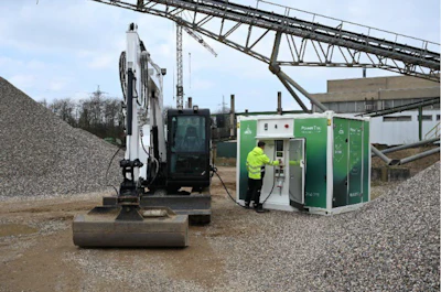 The electric-powered excavator can be charged rapidly using the PowerTree.