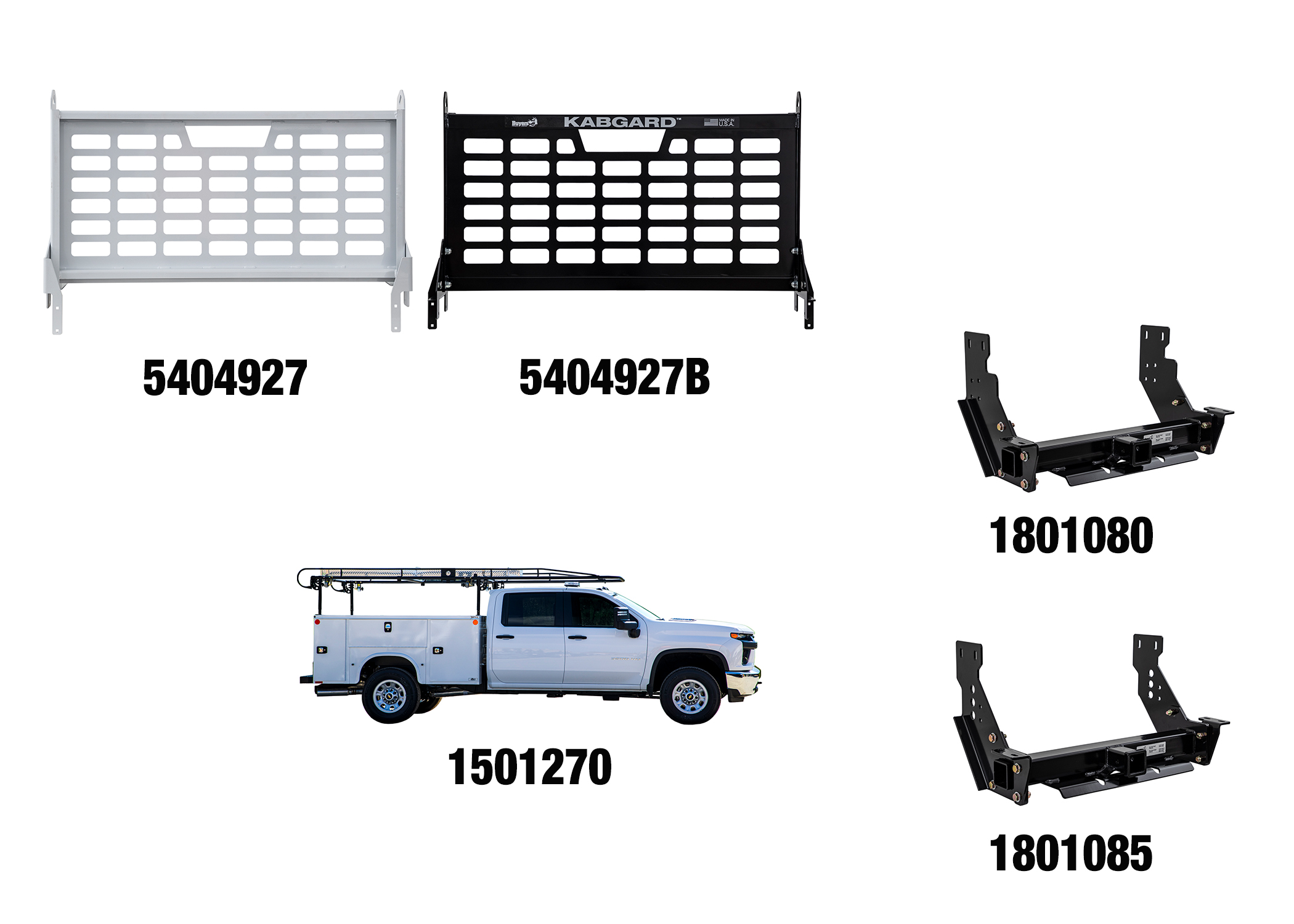 The products include the Kabgard Headache Rack System, extended Ladder Rack and Universal Class 5 Hitch Receiver for both Ford and GM mounted service bodies.