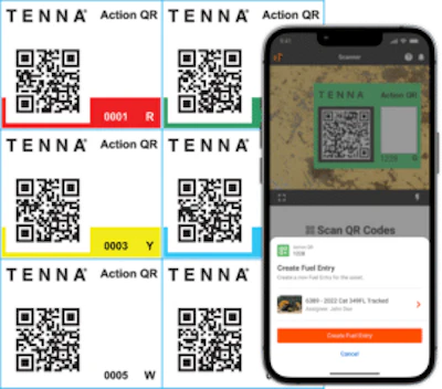 Action QR supports processes by allowing contractors to pre-configure color-coded QR labels which, when scanned by field users, open distinct actions within the Tenna App to facilitate the beginning of a workflow.
