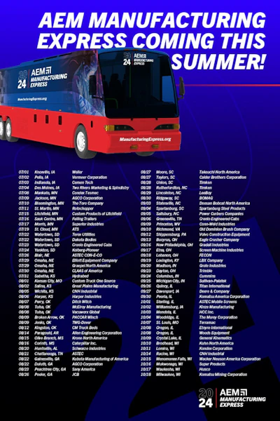 The AEM Manufacturing Express visited Weiler on July 1 and will be at Vermeer on July 2, followed by Cemen Tech on July 3.