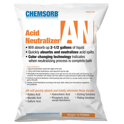 Each 10-lb. bag of Chemsorb Acid Neutralizer can neutralize and absorb up to 2.5 gal of fluid.