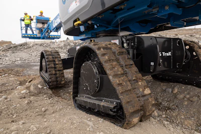 Tracks on this diesel-powered boom lift allow operators to work in muddy ground or sensitive terrain. These have improved performance while reducing the number of parts by half, which lowers maintenance costs.