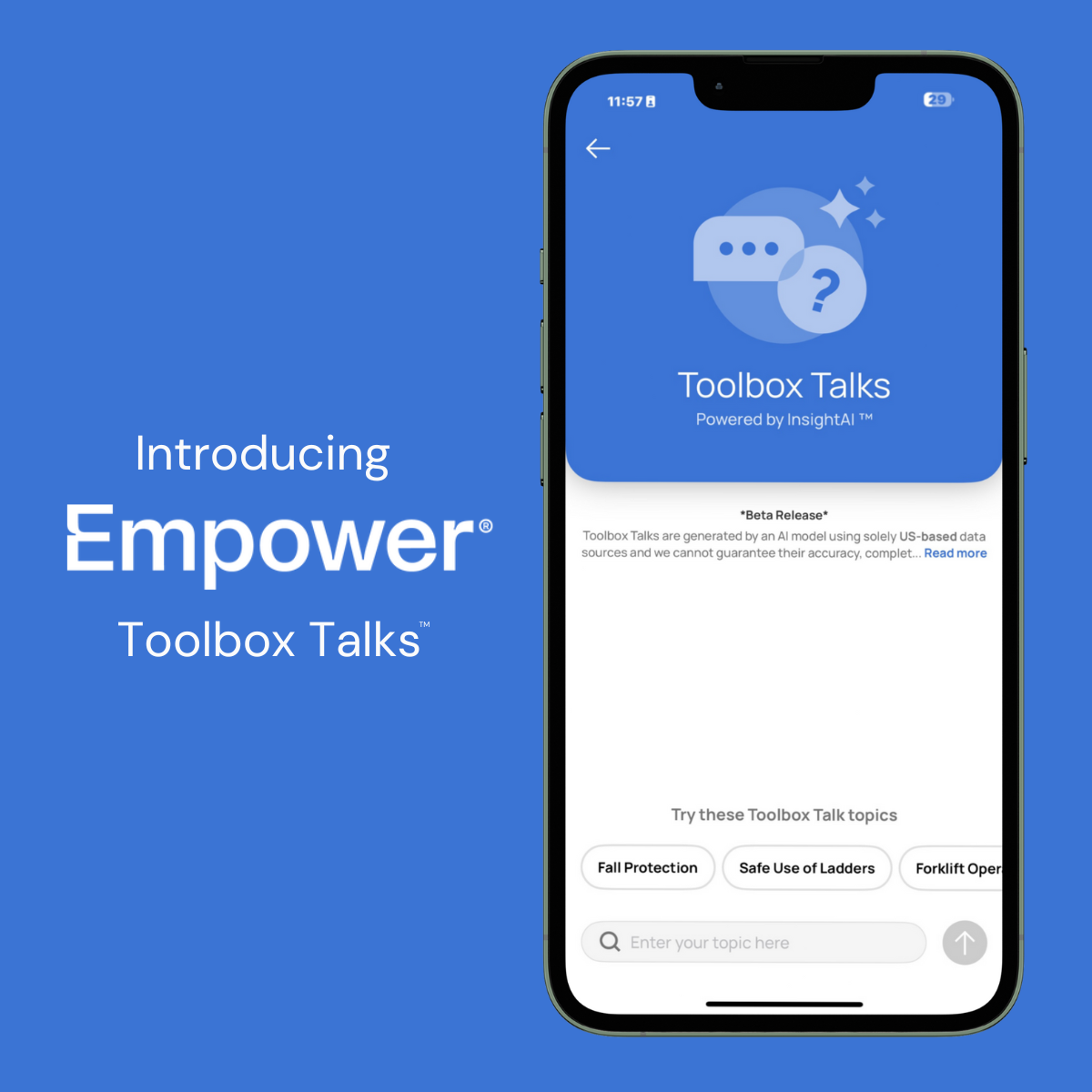 Toolbox Talks features dozens of topics for users to search including Fall Protection, Safe Use of Ladders, Overhead Power Line, Forklift Operation Safety Tips, Lead Exposure Prevention and more.