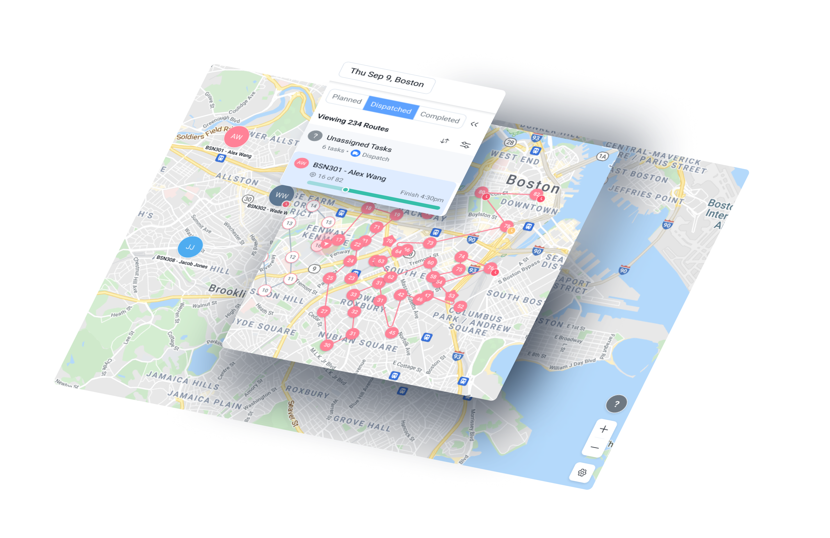 The Connected Transport system brings together route optimization, load optimization, rental optimization and geolocation-driven scheduling.