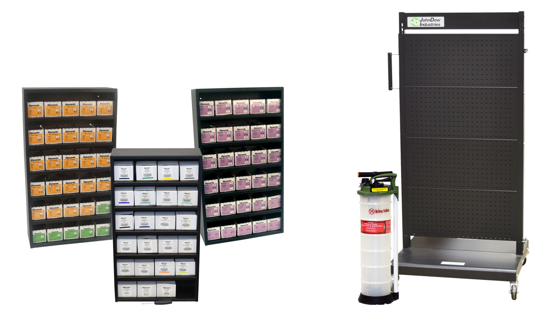 The new products include manual extractor and discharge pump, mobile tool cart and cabinet assortments.