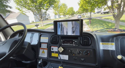 The DualEyes Camera System supports visibility on the front right tire and front right corner of the sweeper in addition to the right-side broom.