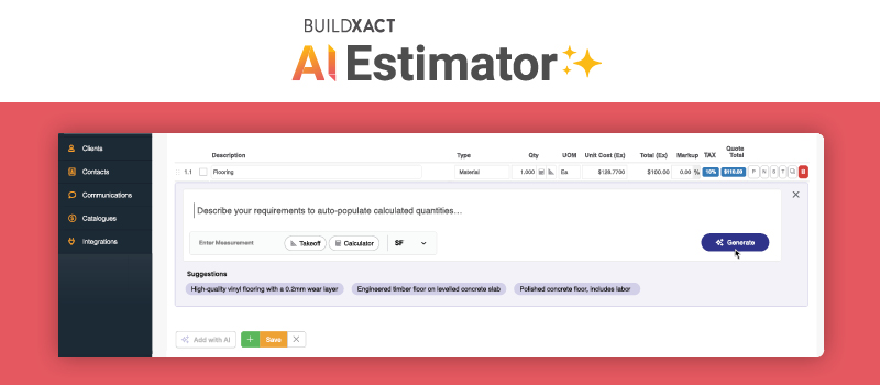 The Buildxact AI Estimator Calculator can be used to build out project requirements and price those requirements using live material pricing from Home Depot’s catalogs.
