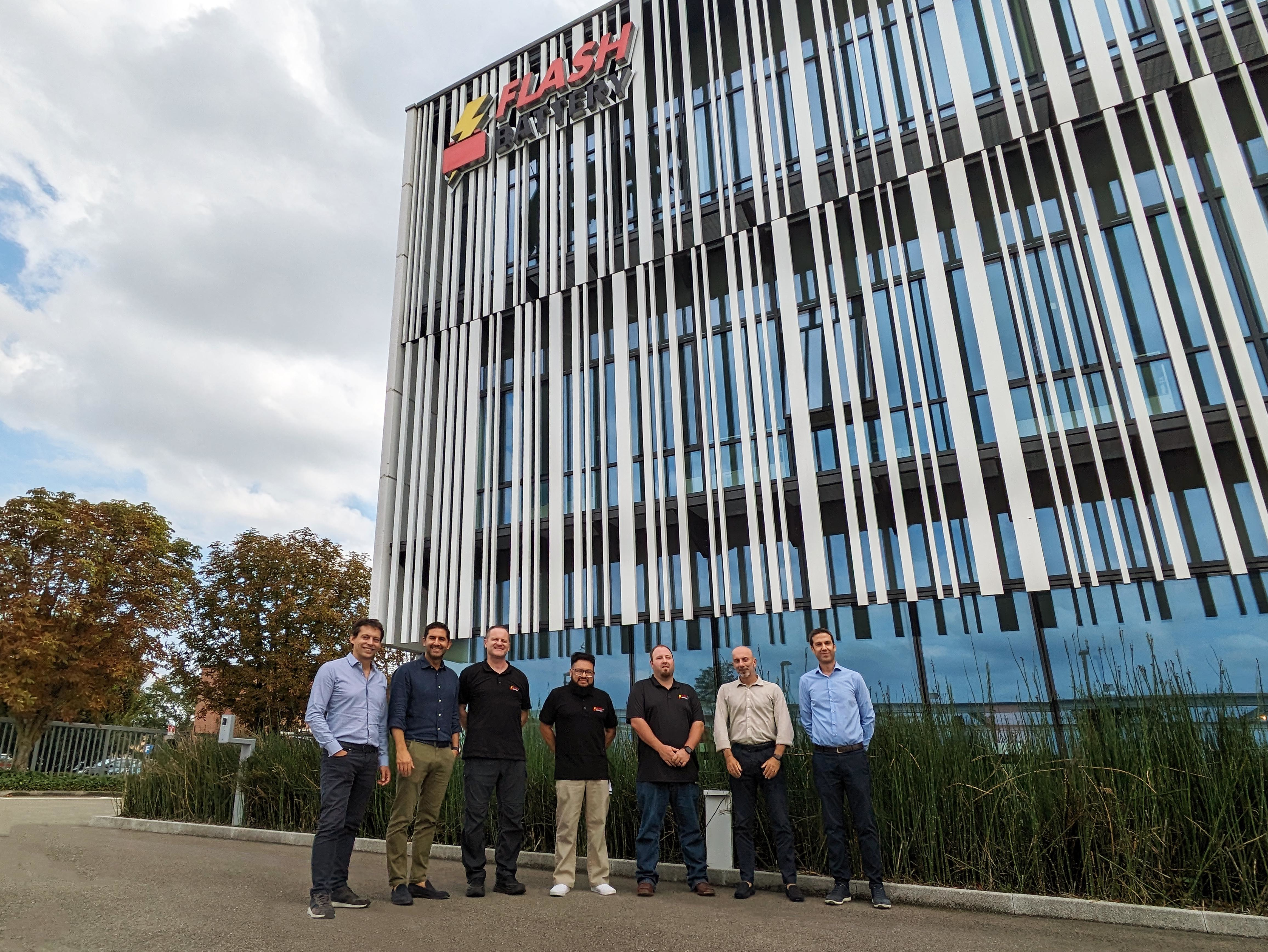 Flash Battery CEO Marco Righi, together with CTO Alan Pastorelli and COO Filippo Di Gregorio with the US technical team, visiting the Italian headquarter.
