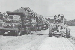 One advantage of a motor grader/EGA outfit was that it required only one operator. But in some loading situations, a spotter rode out on the parent’s frame to direct hauler traffic, somewhat negating the labor savings. Courtesy: Ulrich Manufacturing Company Form 1231, n. d., HCEA Archives