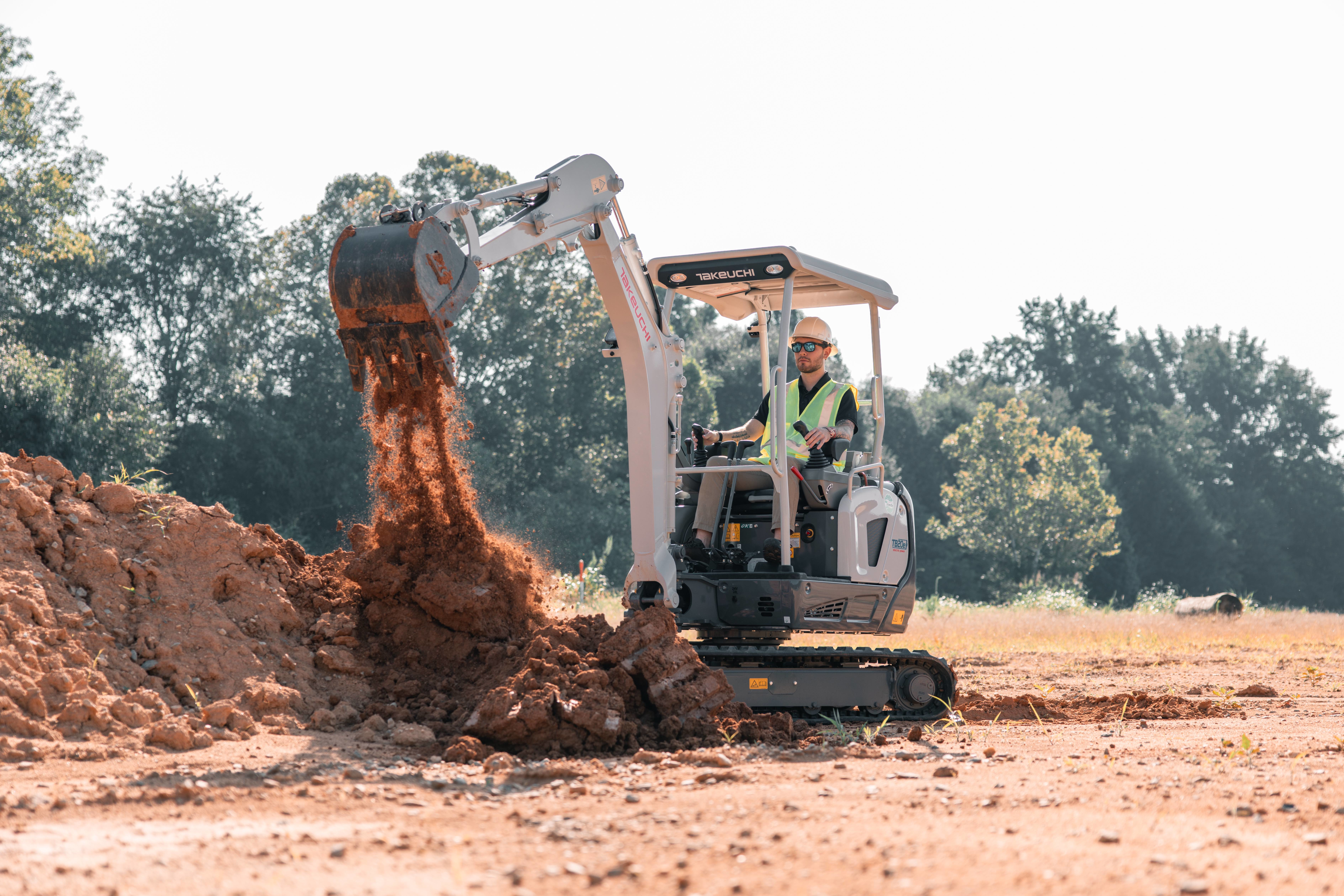 Takeuchi’s TB20e electric excavator, pictured here in its canopy configuration, will be on display in a new cab configuration at bauma 2025.