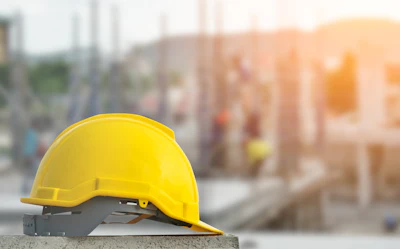 Yellow construction safety helmet on concrete at building site