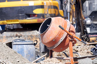 Orange cement mixer at construction site