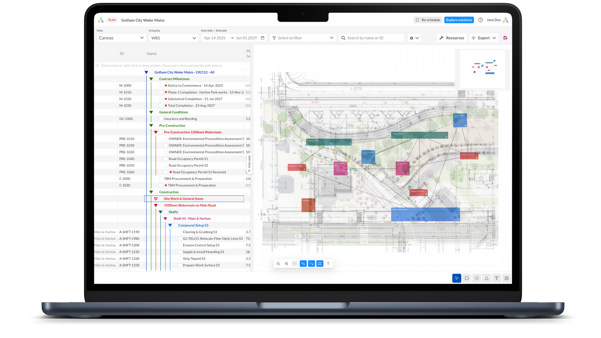 Gotham City Water Mains project management dashboard with Gantt chart and site map visualization
