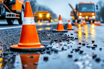 Orange safety cones on wet road with construction vehicles during roadwork