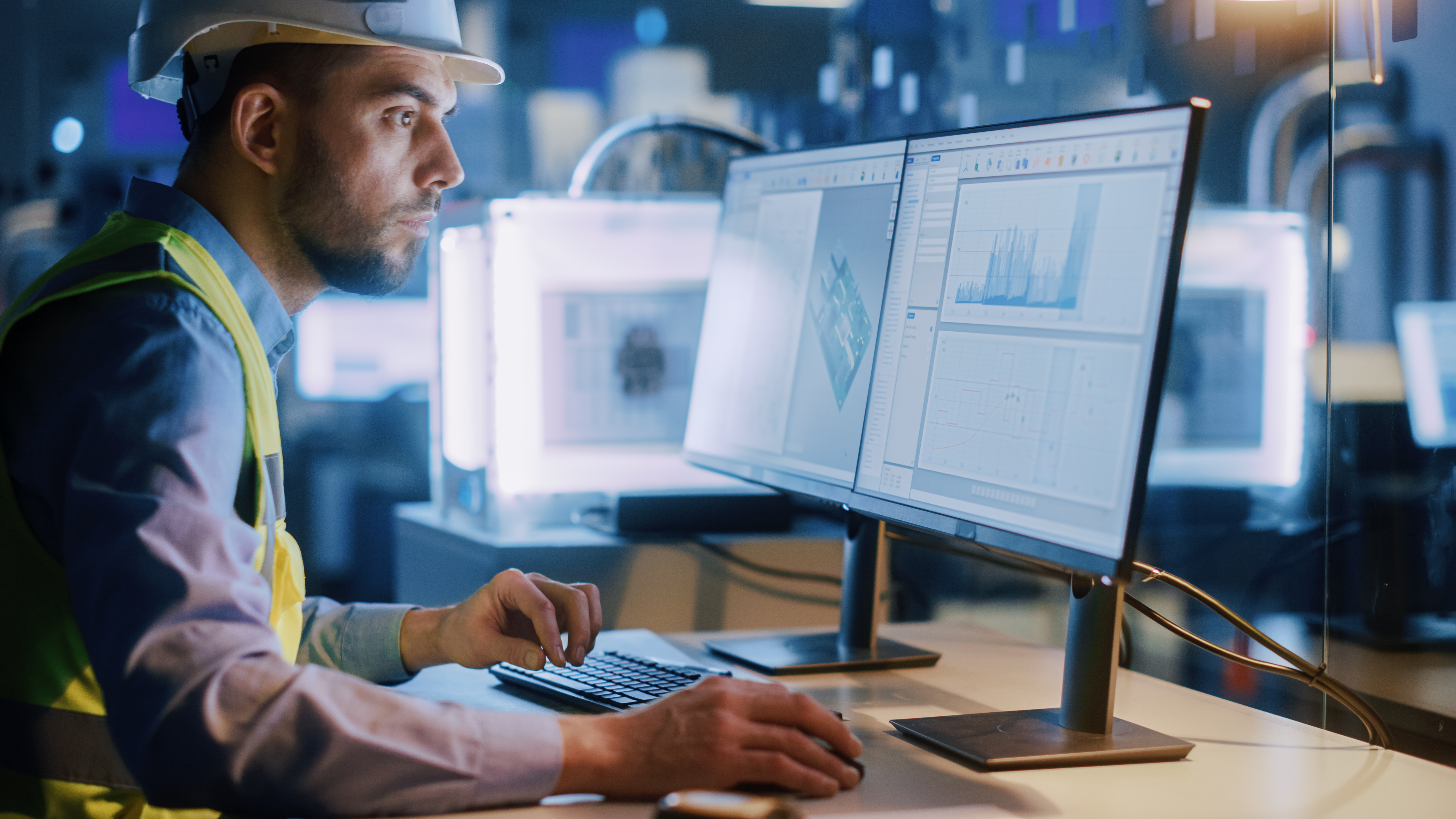 Technical worker analyzing data on dual monitors in industrial control center