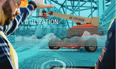 Construction equipment utilization dashboard with JLG Ultra Boom lift and performance metrics