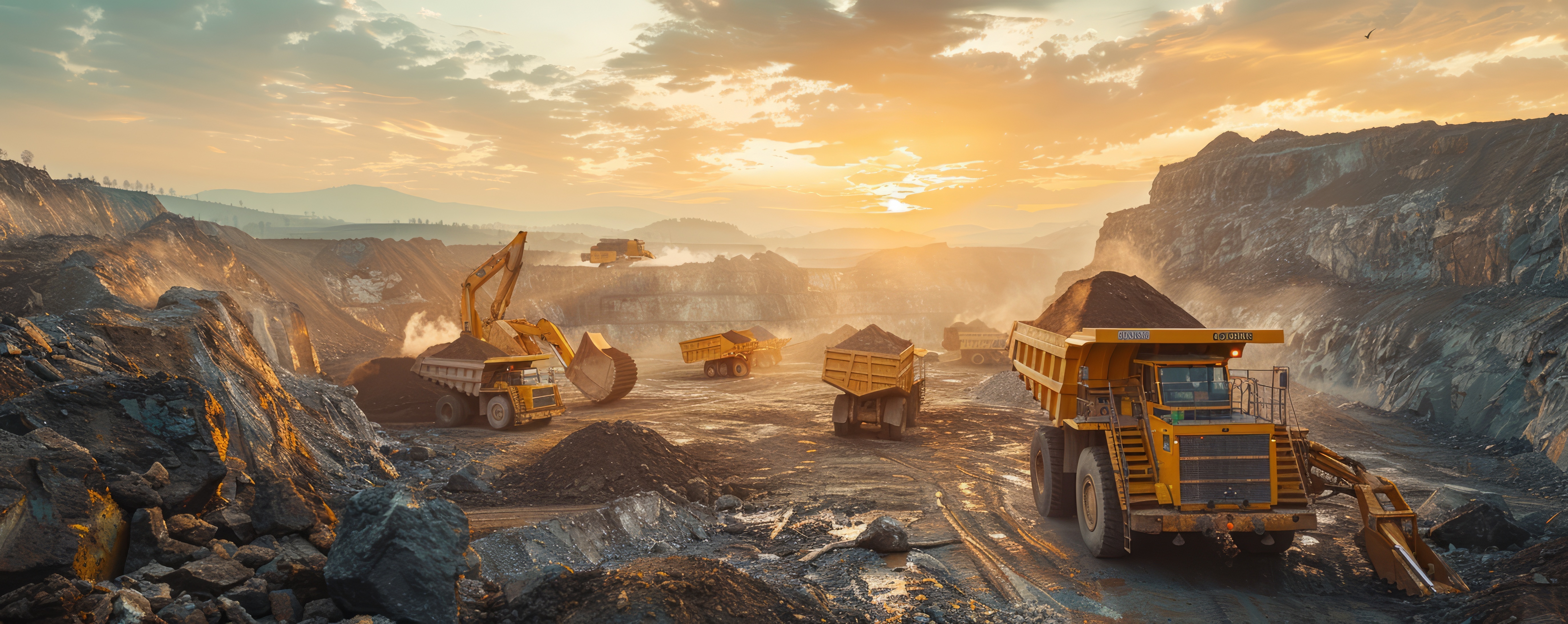 Mining excavators and trucks working in expansive open-pit quarry at golden sunrise