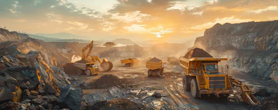 Mining excavators and trucks working in expansive open-pit quarry at golden sunrise