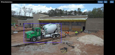 Green cement mixer truck at construction site with workers preparing building foundation