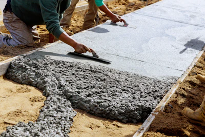 Workers smoothing wet concrete for sidewalk installation using professional trowels