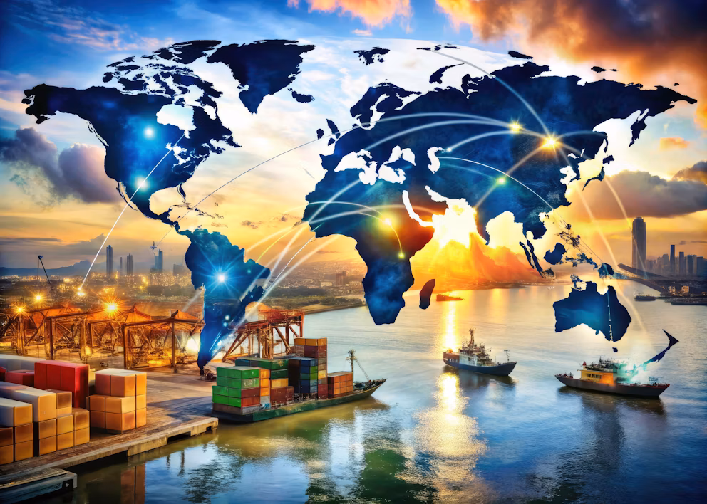 Global shipping and international trade network connecting continents via maritime routes