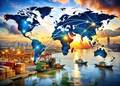 Global shipping and international trade network connecting continents via maritime routes