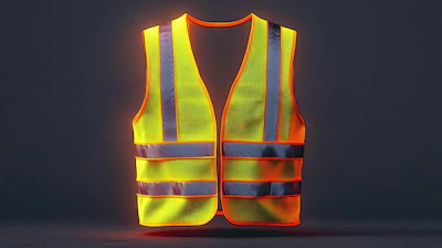 Construction safety vest with reflective stripes in bright yellow-green and silver