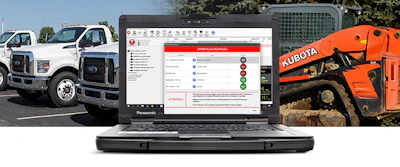 Diagnostic software laptop with commercial truck and Kubota machinery