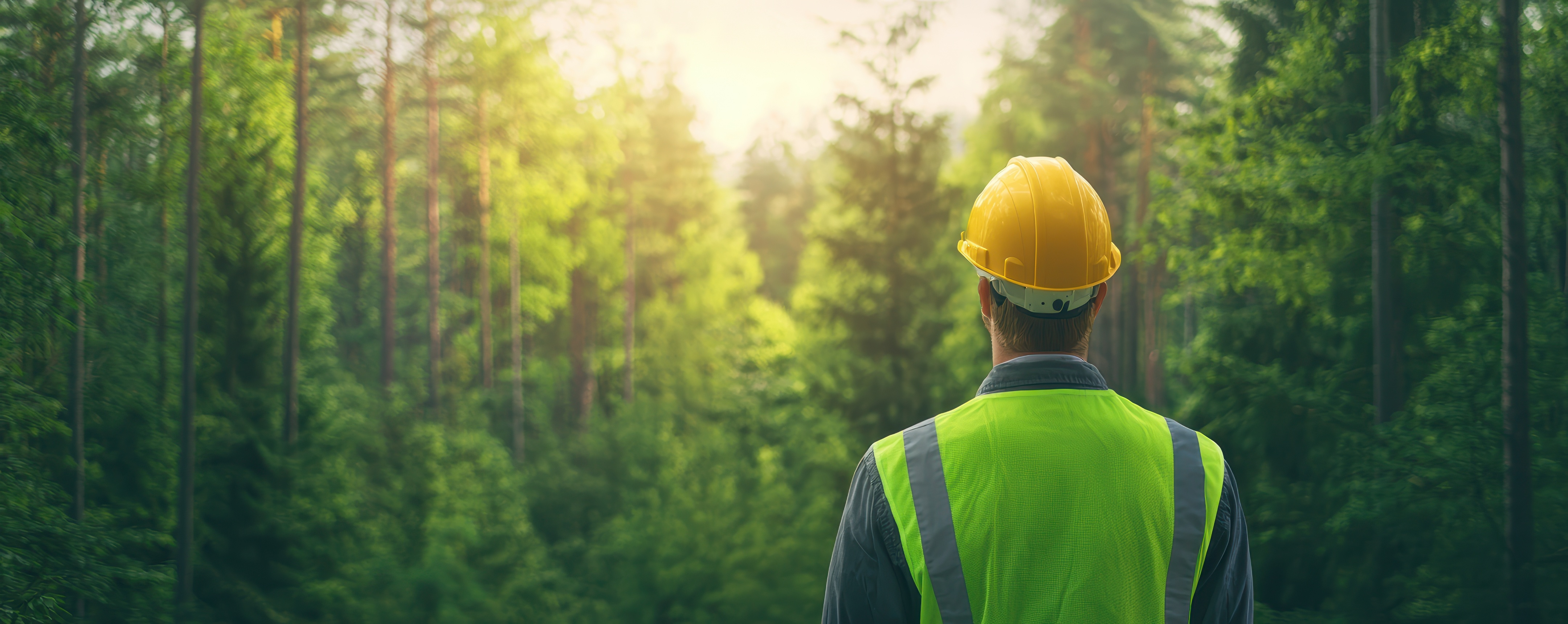 Forest worker in safety gear surveys sustainable woodland landscape