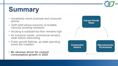 Economic summary slide highlighting business uncertainty, tariff impacts, and construction sector trends