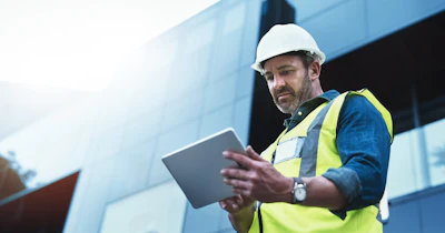Construction worker in hard hat and safety vest using tablet near modern building