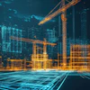 Futuristic digital blueprint of urban construction site with wireframe buildings and glowing cranes