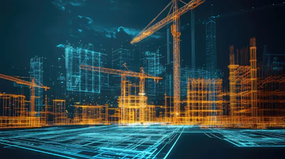 Futuristic digital blueprint of urban construction site with wireframe buildings and glowing cranes