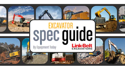 Excavator Spec Guide collage featuring multiple construction machines and Link-Belt logo