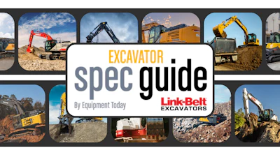 Excavator Spec Guide collage featuring multiple construction machines and Link-Belt logo