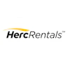 Herc Rentals logo with black text and yellow curved design element